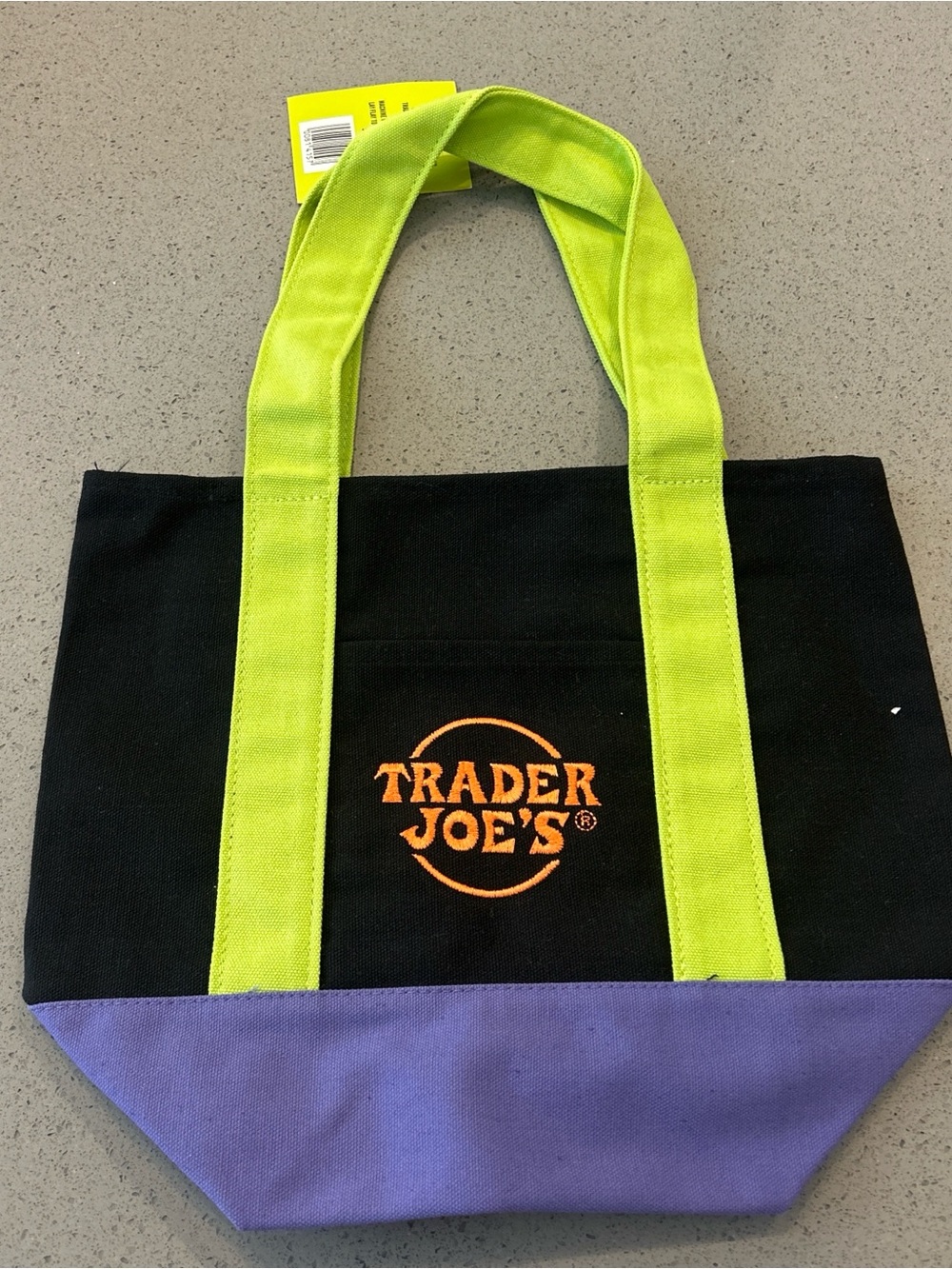 Trader Joe's Black Tote with Lime Handles and Purple Base